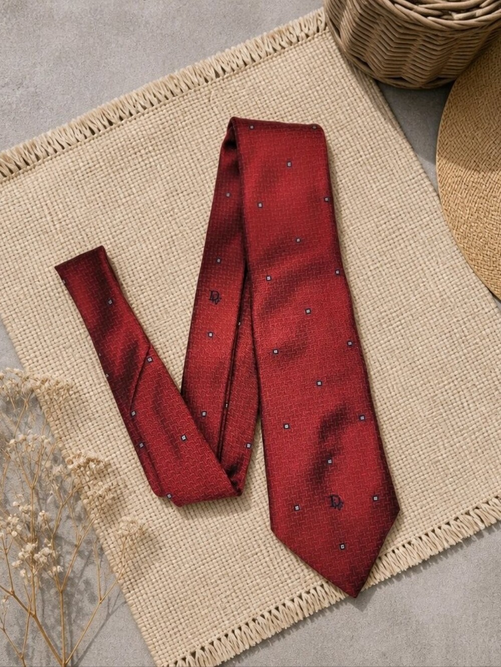 Vintage Christian Dior Men's Red Patterned Silk Blend Tie